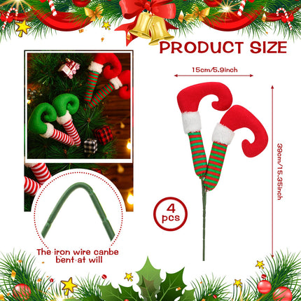 4 Pcs Christmas Picks Christmas Elf Legs Boot Pick Striped Elf Ornaments for Christmas Tree Stuffed Elf Leg Tree Topper Elf Feet Elf Legs for Decor Xmas Holiday Indoor Outdoor Party, Red, Green, White