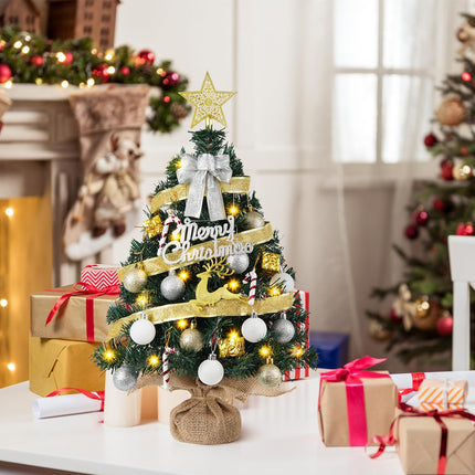 Mini Christmas Tree with 40 LED String Lights 24In/2FT Small Artificial Christmas Tree with 8 Modes Tabletop Fireplace Mantel Table Christmas Decorations Home Indoor Decor
