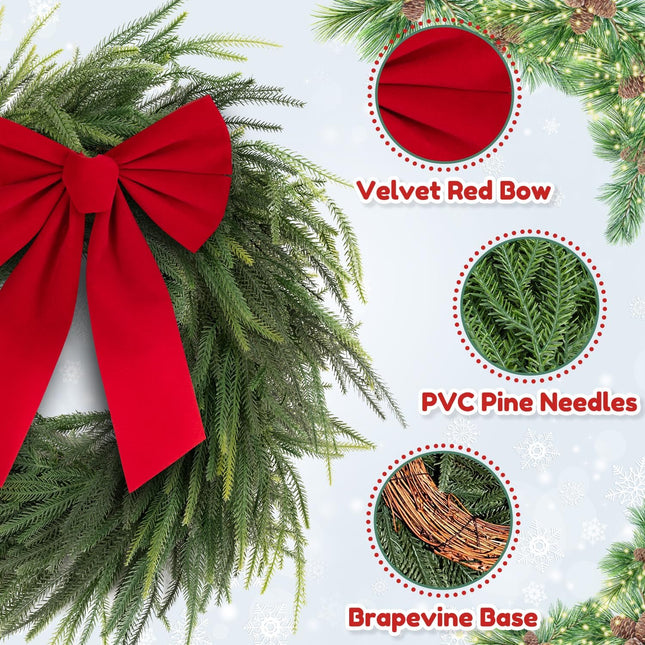 Real Touch Norfolk Pine Wreath for Front Door, 24'' Christmas Wreaths with Red Velvet Bow, Large Faux Cedar Pine Green Wreath for Wall Window Home Farmhouse Decorations Outdoor Indoor