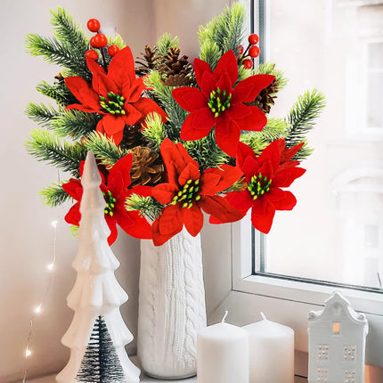 Uieke 4 PCS Artificial Christmas Picks Pine Branches with Red Berry Stems, 13.6'' Poinsettia Christmas Tree Picks Faux Evergreen Sprigs for Home DIY Wreath Craft Winter Festive Decor