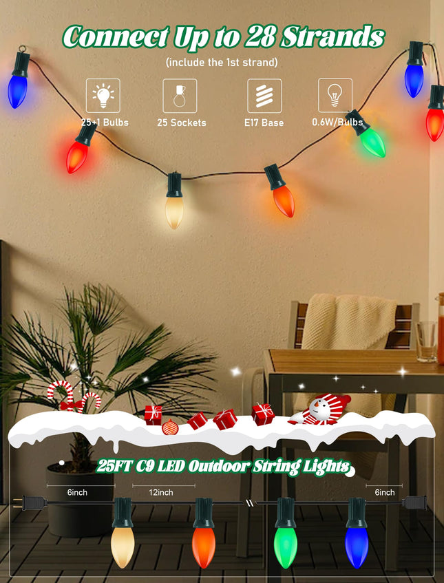 C9 LED Christmas Lights Outdoor 25Ft Outdoor Christmas Decorations String Lights Waterproof with 26 C9 LED Multicolor Bulbs, Hanging Vintage Christmas Lights for Patio Roofline Garden Holiday Party
