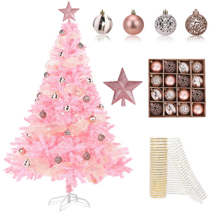 6ft Pink Artificial Christmas Tree: with Christmas Tree Balls Ornaments Shatterproof Xmas Bulbs & Decorative Mesh Ribbbon - Foldable Stand - Holiday Decoration for Party Indoor Home Xmas Tree Decor