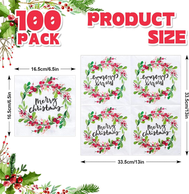 Whaline 100 Pack Merry Christmas Paper Napkins Watercolor Style Wreath Pattern Disposable Napkins Xmas Garland Decorative Napkins for Christmas Holiday Dinner Party Supplies, 6.5 x 6.5 Inch
