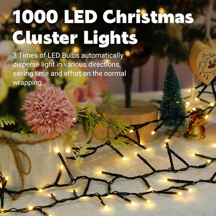 100ft 1000 LED Cluster Lights Christmas Tree Outdoor String Lights with Remote Plug in, 8 Modes Timer, Firecrackers Waterproof Twinkle Fairy Lights for Xmas Garland Window Indoor, Warm White