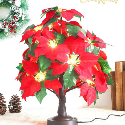 Mycznsyard Red Poinsettia Tree Light 18 LED Tabletop Christmas Artificial Tree Light 8 Modes 6 Hrs Timer USB/Battery Operated Decorative Lamp for Party Wedding Holiday Christmas (Warm White)