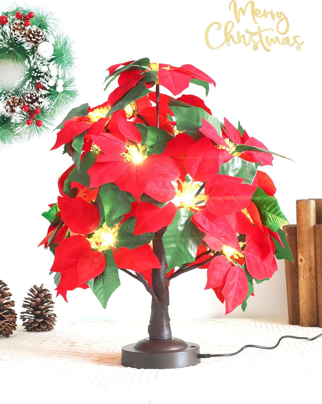 Mycznsyard Red Poinsettia Tree Light 18 LED Tabletop Christmas Artificial Tree Light 8 Modes 6 Hrs Timer USB/Battery Operated Decorative Lamp for Party Wedding Holiday Christmas (Warm White)