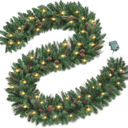 9FT Christmas Garland with Pine Cones, Prelit Christmas Garland Greenery Outdoor Lighted Pine Garland, Mantle Garland Christmas Holiday Decoration Indoor