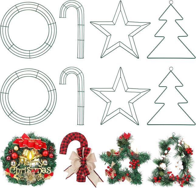 Pelopy 8 Pcs Christmas Wire Wreath Frames 12 Inch Christmas Tree Round Candy Cane and Pentagram Shaped Green Wreath Form Wreath Ring for Home Arts Crafts DIY Christmas Year Party Decor