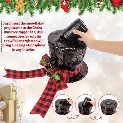 HOHOTIME Christmas Tree Topper Hat with Lighted Snowflaker, HOHOTIME Double-Sided Sequins Christmas Tree Topper with Buffalo Plaid Red Black Bow, Pine Cones and Red Berries for Xmas Tree Decorations
