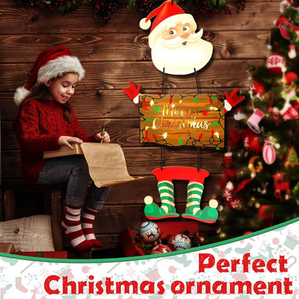 Christmas Hanging Decor, Charming Santa Claus Wooden Door Sign, Light-up Merry Christmas Sign,Winter Advent Xmas Decoration for Indoor Walls, Windows and Outdoor Hallways (Batteries Not Included)