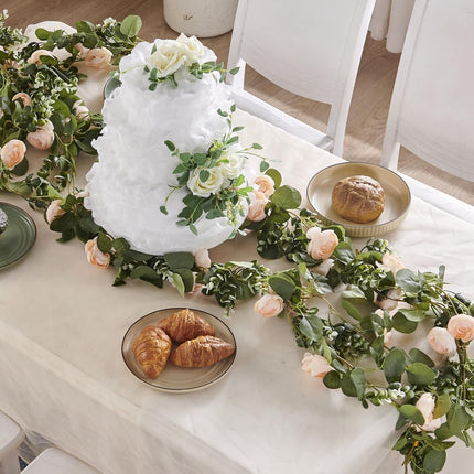 Flower Garland, Artificial Rose Vine Flowers with Green Leaves, Hanging Fake Roses Vine for Room Anniversary Wedding Birthday Christmas Wall Arch Decor, 2 Vines Champagne Floral Garland