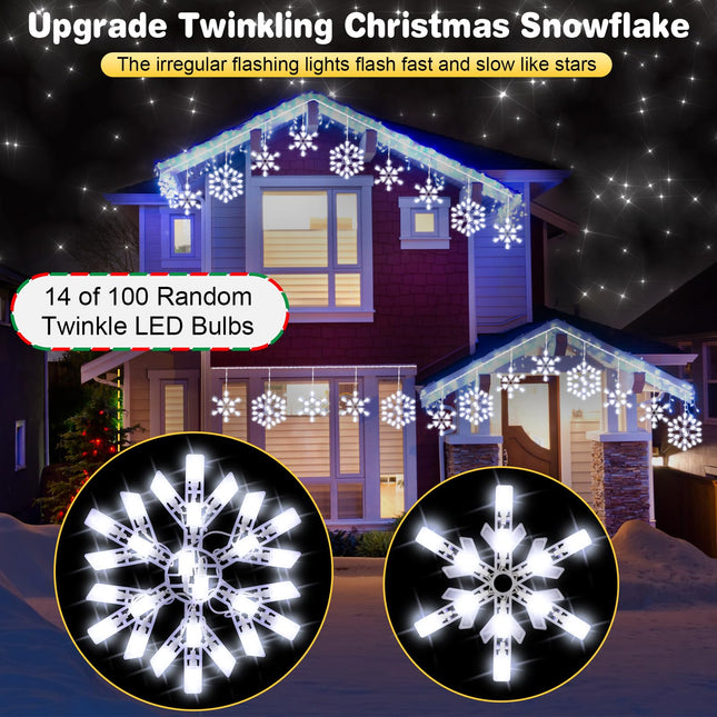 Twinkling Snowflake Christmas String Lights with 6 Drops, 8.8FT 14 of 100 Random Twinkling LED Mini Bulbs Icicle Lights Christmas Snowflake Decor Outdoor for House, End to End up to 5 Set(2 Pack)