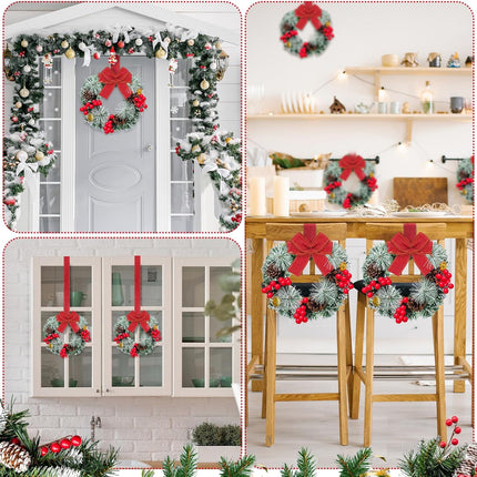 12 Pcs Cabinet Wreaths for Kitchen Mini Christmas Wreaths with Ribbon Small Christmas Farmhouse Wreaths Artificial Pine Cone Hanging Wreath for Front Door Window (Red)