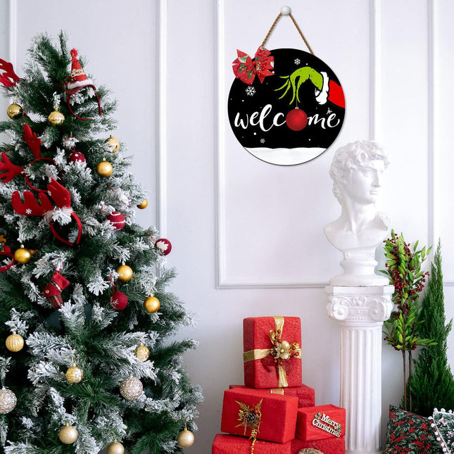 Christmas Welcome Sign for Front Door, Merry Christmas Wooden Welcome Hanging Door wreath Xmas Holiday Christmas Decorations Wreath with Bow for Front Door Home Farmhouse Porch Indoor Outdoor(12 in)