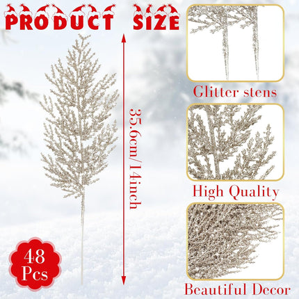 Giegxin 48 PC Christmas Glitter Artificial Pine Needles Pine Tree Twig Picks Branches for Wedding Tree Glittery Stem for Christmas DIY Wreath Garden Embellishing Garland Decoration(Champagne)