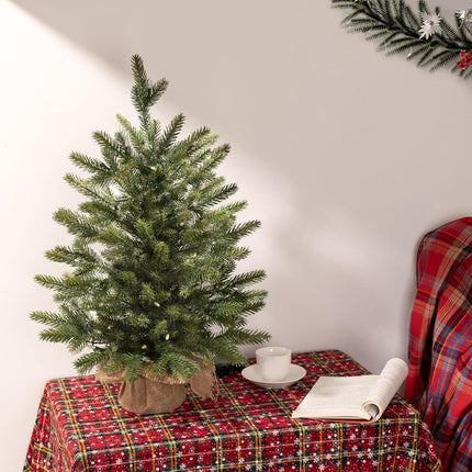 Mini Christmas Trees 24" with 25 LED Lights, 2 ft Decorated Burlap Artificial Tabletop Christmas Trees Home Party Decoration for Kitchen Dining Room Window