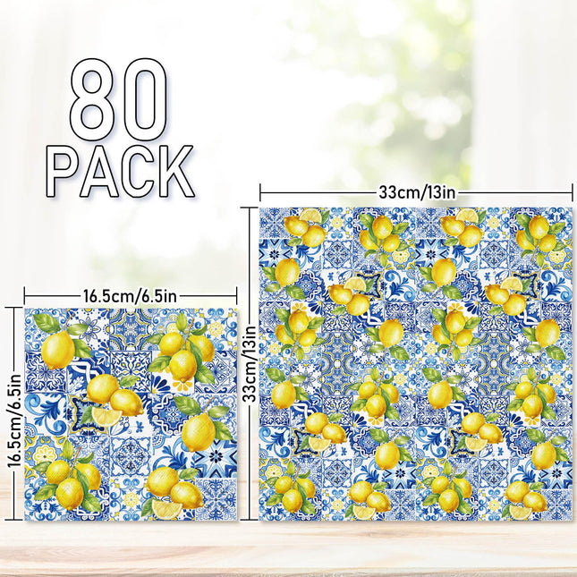 80Pcs Tiles Lemons Paper Napkins Blue Yellow Disposable Napkins Decorative Dinner Napkins Luncheon Napkins for Party Supplies Table Decor