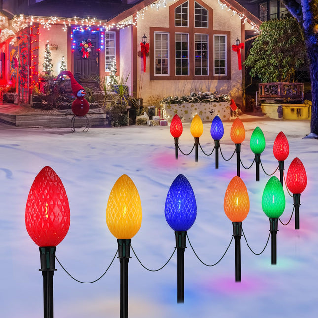 Jumbo C9 Christmas Pathway Lights Outdoor Lawn Decorations with 12 Strawberry Lights, 20FT Multicolor LED Jumbo Christmas Lights with Walkway Stakes, C9 Light Bulbs for Holiday Outside Yard Garden