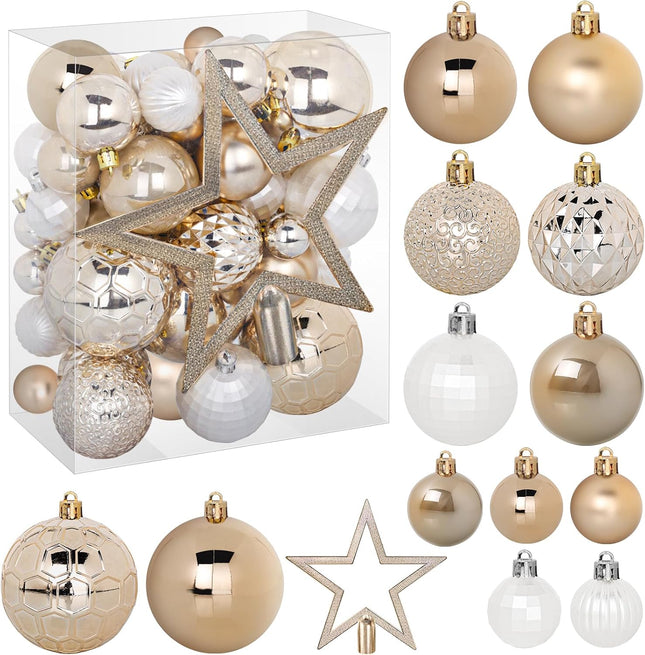 FestiveBliss Christmas Ornaments 50 Pcs, Christmas Balls, Christmas Ball Ornaments Set with Hanging Strings, Shatterproof Christmas Decorations Ornaments for Xmas Tree (Deep Champagne)