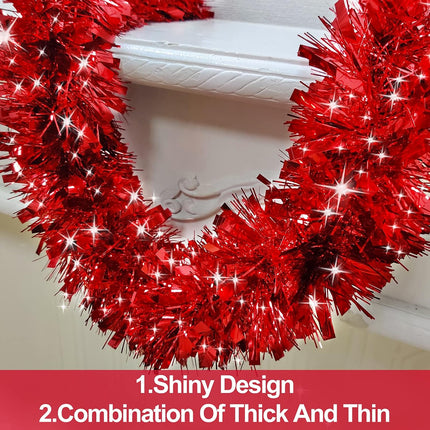 [ 4 String Total 28 Ft ] Valentines Day Red Tinsel Garlands Valentines Red Tree Garland Thick Thin Metallic Streamers Xmas Garland Christmas Decor Home Indoor Outdoor Party Supplies, Each 7Ft by 3.5"