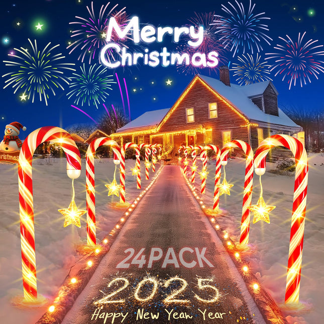 Christmas Decorations Solar Lights Outdoor: 24 Pack 144 LED Solar Christmas Lights Outdoor Waterproof, 8 Modes Solar Powered Candy Cane Lights for Pathway Yard Garden Porch Patio Holiday Xmas Decor