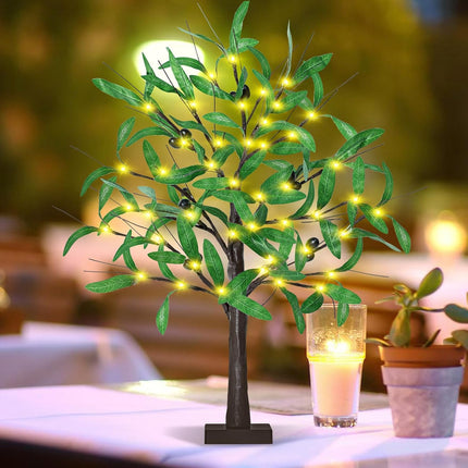 2FT Lighted Olive Tree - 24 Inch Light Up Olive Tree with 36 LED Lights, 12 Fruits, 72 Leaves, Timer Battery Operated Table Top Artificial Lighted Tree for Wedding Party Tabletop Decorations Indoor