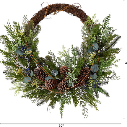 Nearly Natural 30in. Pine and Pinecone Artificial Christmas Wreath on Twig Ring