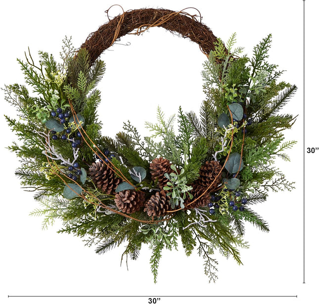 Nearly Natural 30in. Pine and Pinecone Artificial Christmas Wreath on Twig Ring