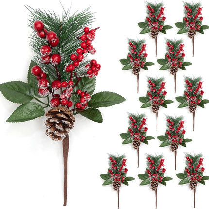 Artificial Christmas Picks, 12 PCS 12" Pine Branches Red Berry Twig Stems Pinecones Holly Snow Flocked Spray Flowers for Christmas Tree Wreath Floral Arrangement Winter Holiday Season Décor