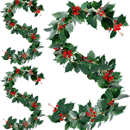 3 Pieces Green Garland 5.7 Ft Artificial Christmas Red Berry Flower Vine Winter Holly Leaves Garland Outdoor for Xmas Christmas Fireplace Home Decor (Classic Style)