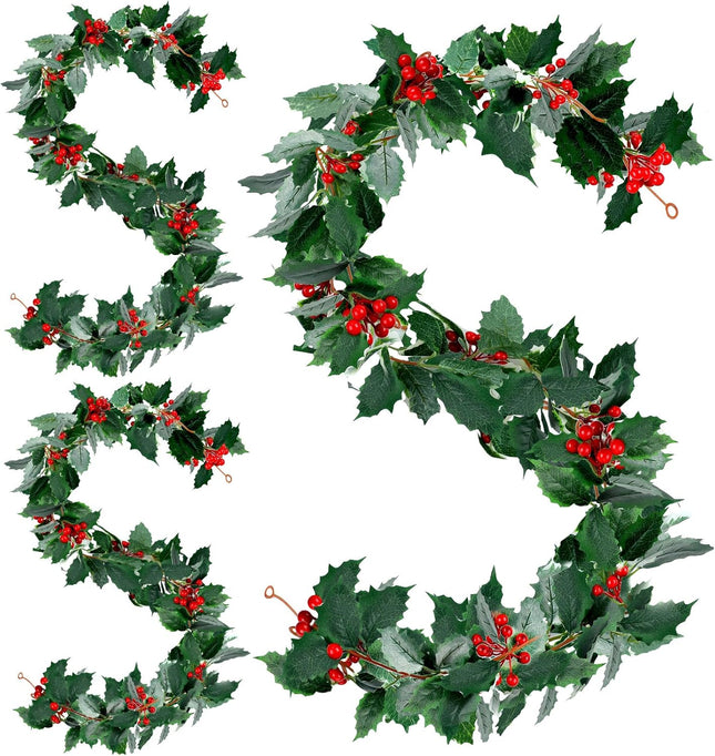 3 Pieces Green Garland 5.7 Ft Artificial Christmas Red Berry Flower Vine Winter Holly Leaves Garland Outdoor for Xmas Christmas Fireplace Home Decor (Classic Style)