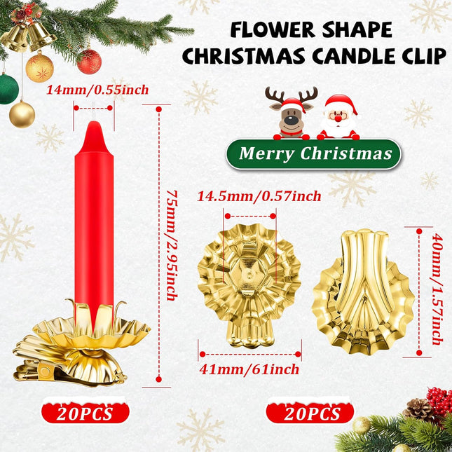 Tessco 40 Pcs Christmas Metal Candle Holder with Clip Set 20 Candle Holders for Christmas Tree Flower Shape Christmas Candle Clip Set with 20 Christmas Candles for Birthday Christmas(Gold Red)