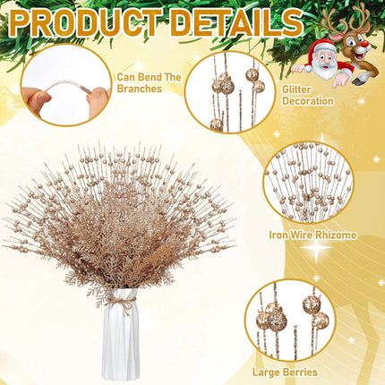 50 Pcs Christmas Glitter Berries Stems Champagne Gold Xmas Artificial Pine Needles 17 Inches Christmas Artificial Picks Fake Branches Twigs Bead Stick for Tree DIY Craft Wreath Vase Fireplace