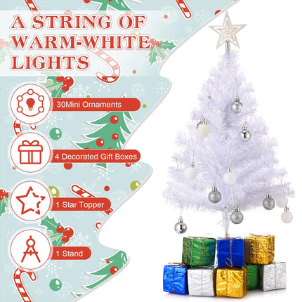 Hotop 2 Pcs Small White Tabletop Christmas Tree with LED Lights DIY Mini Christmas Tree with Hanging Ornaments Star Treetop Decorated Boxes for Christmas Decor