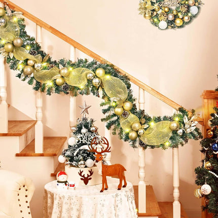 5.9 FT Christmas Garland Decorations, Luxury Christmas Garland with Lights for Mantle, Christmas Flocked Garland with Ribbons Gold Ball Pinecones, Lighted Christmas Garland Decor