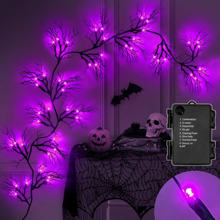 [8 Modes & Timer] 6 Ft 45 LED Halloween Willow Vine Twig Decor Garland Decorations with Purple Lights, Halloween Garland with Battery Operated Waterproof for Home Wall Fireplace Mantle Decorations