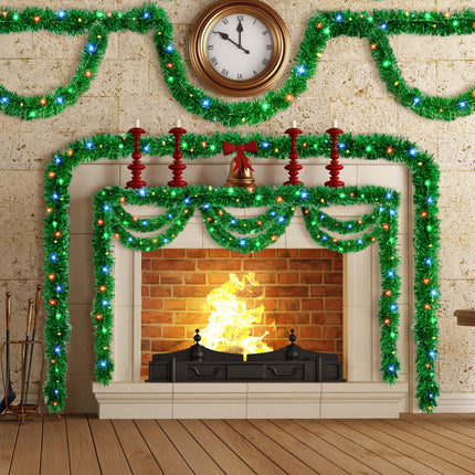 Christmas Garland Prelit Tinsel 32.8 Ft, Green Metallic Garlands with 100 LED Lights for Christmas Tree Wreath Year Party Home Railing Holiday Indoor Outdoor Wedding Decorations