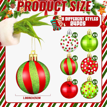 24 Pcs Christmas Ball Ornaments 1.97 Inches Glittering Plastic Hanging Decorations Lime Green Elf Balls Swirl Candy Cane Shatterproof Hanging Tree Ornaments for Xmas Holiday Party Decors