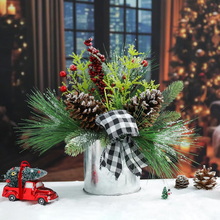 Small Christmas Tree Artificial Potted with Pinecones Berries Christmas Centerpiece Table Decorations, Christmas Flower Arrangements for Indoor Home Fireplace Mantel Xmas Decor