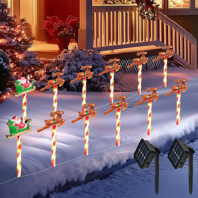 Solar Christmas Pathway Lights, 12Pack, 72LED, 8 Light Modes, Water-Resistant, Santa Sleigh and Reindeer Outdoor Decoration, Christmas Yard Lights, Christmas Lawn Decorations for Outdoors