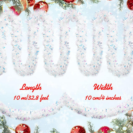 32.8 ft x 4 Inches Christmas Garland Christmas Tinsel Garland Xmas Metallic Twist Garland Glitter Tree Garland Hanging Decorations for Christmas Tree Wreath Wedding Party Decorations (Snowflake Style)
