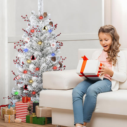 DDHS Small Flocked Christmas Tree,4ft Prelit Tabletop Christmas Tree, with 100 Lights, Ornaments Balls, Pine Cones Red Berries, Easy to Assemble Perfect for Holiday Christmas Home Decor