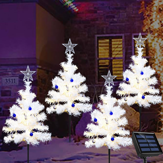 Set of 4 White Solar Christmas Tree, Outdoor Christmas Decorations, 8 Modes 80LED Solar Christmas Lights Outdoor, Solar Christmas Pathway Lights for Yard Front Porch Pathway Grave Cemetery Decor