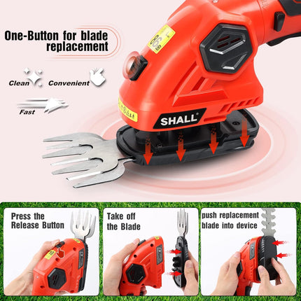 SHALL Cordless Grass Shear & Hedge Trimmer - 7.2V Electric Shrub Trimmer 2 in 1 Handheld Grass Trimmer Hedge Shears, Hedge Clippers Grass Cutter w/ Pruning Scissor, Rechargeable Battery & Fast Charger
