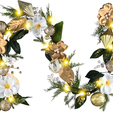 Decorbyhannah Christmas Garland with Lights, 6ft Prelit Gold White Christmas Garland Decorations with Ornaments and Magnolia, Battery Operated Christmas Garland Indoor for Mantle, Fireplace, Stairs