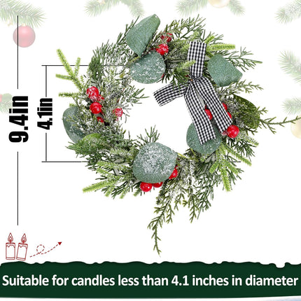 Enlarged Christmas Candle Rings Inner Diameter 4.1 in - 4 Pcs Candle Wreath Holders with Artificial Snow Buffalo Bow Leaves Berries for Xmas Holiday Party Wedding Table Centerpiece Decorations