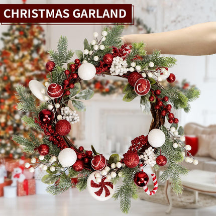 20-Inch Artificial Christmas Wreaths for Front Door Red Green White Winter Decorations with Xmas Baubles Ball Ornaments, Spiral Peppermint, Candy Canes, Holly Berries, Pine Greenery Branches (Candy)