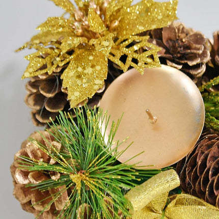 HOME-X Golden Pinecone Christmas Wreath Candle Holder, Artificial Advent Wreath, Winter Home Decorations, (6” Diameter)