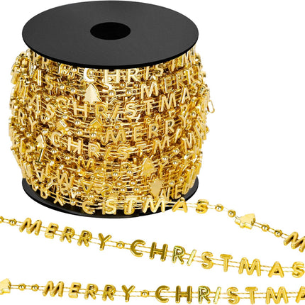 66 Feet Christmas Tree Beads, Merry Christmas Gold Bead Garland for Christmas Tree, Plastic Words Christmas Tree String Garland Beads, Faux Christmas Tree Decor for Xmas Holiday Home Mantle Wreath
