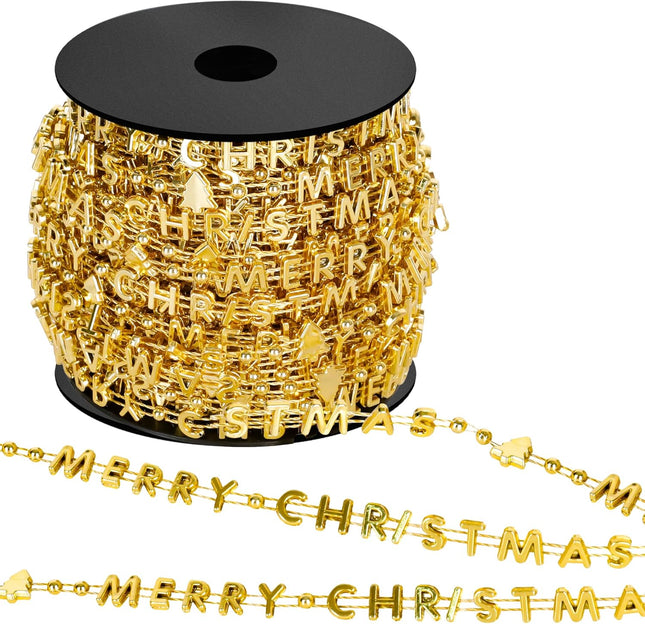 66 Feet Christmas Tree Beads, Merry Christmas Gold Bead Garland for Christmas Tree, Plastic Words Christmas Tree String Garland Beads, Faux Christmas Tree Decor for Xmas Holiday Home Mantle Wreath